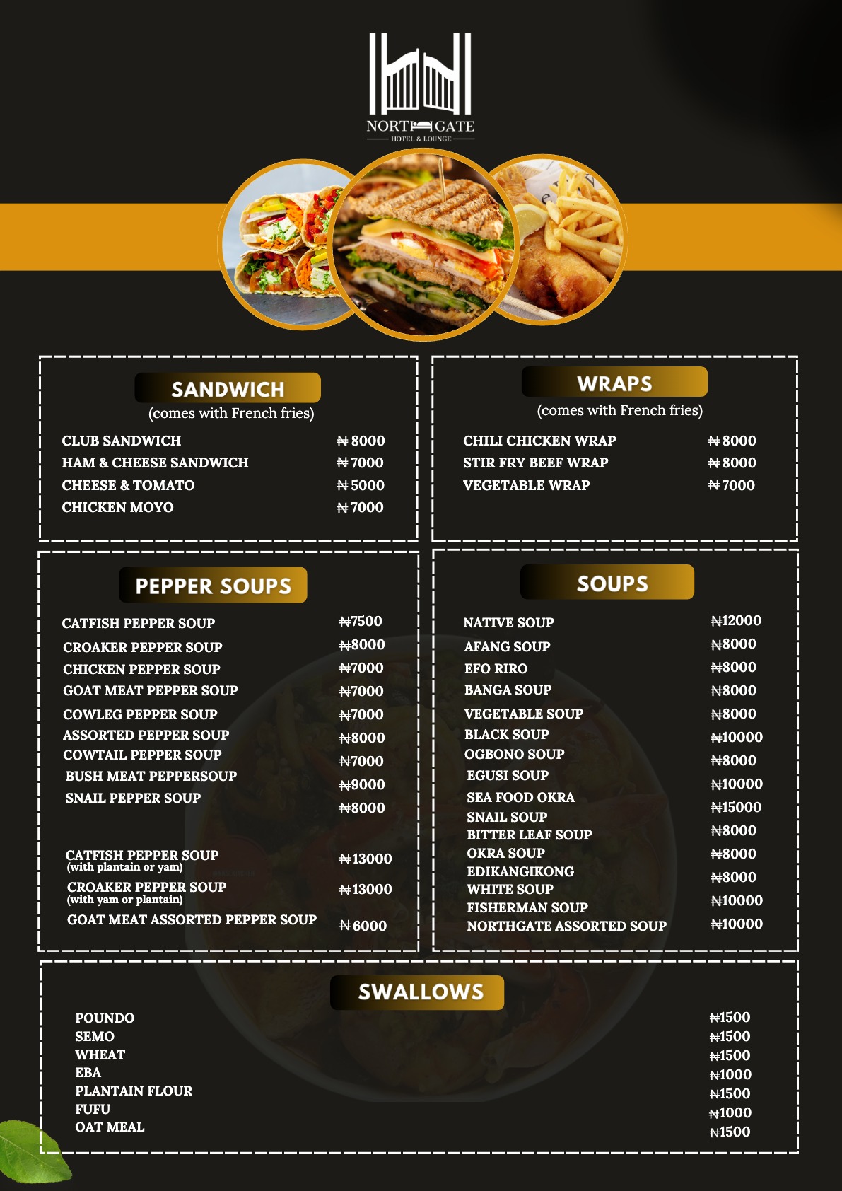 Menu Northgate Hotel Lounge